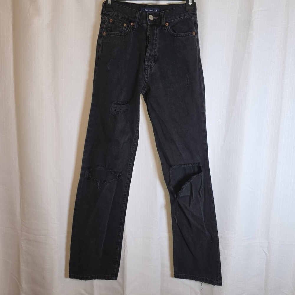 Aeropostale Jeans Women's Size 00 Regular 90's Baggy Distressed Black‎ Denim